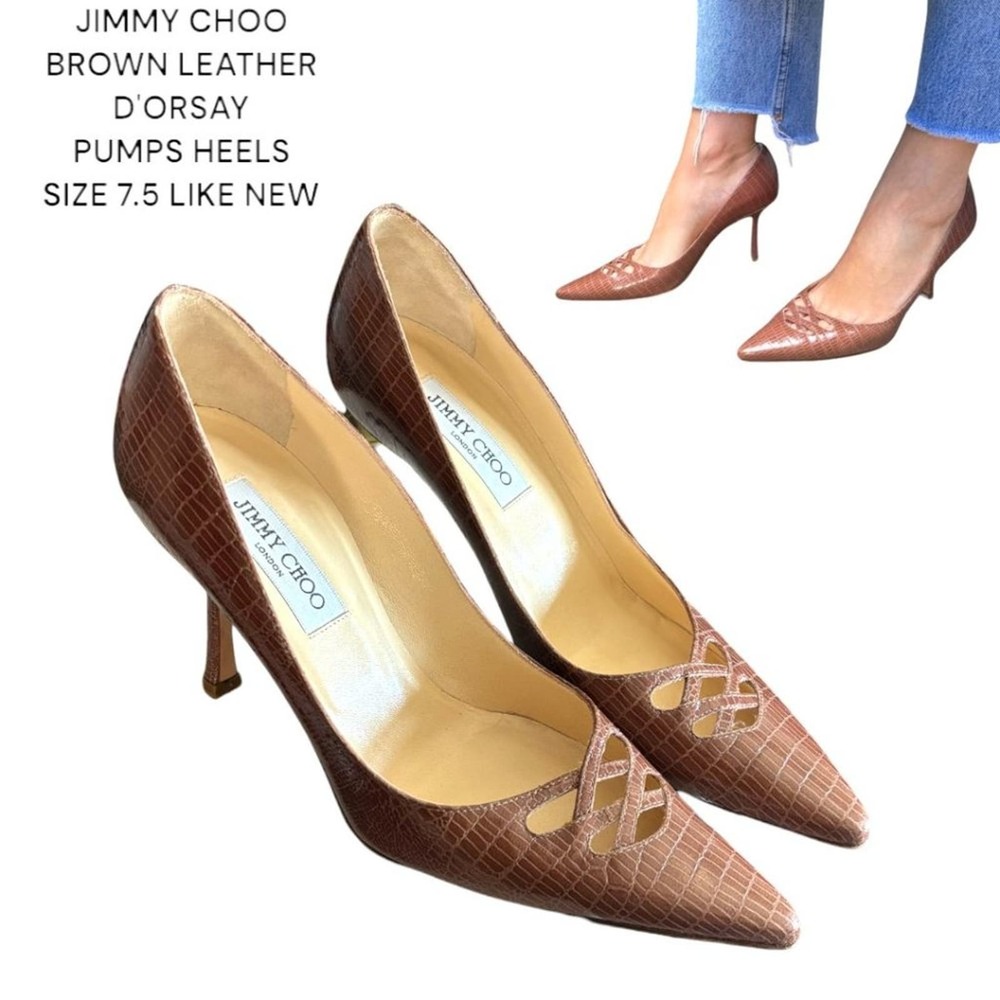 JIMMY CHOO BROWN LEATHER D'ORSAY POINTED TOE PUMPS HEELS 7.5/38 LIKE NEW